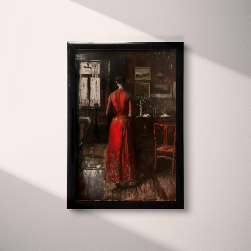Full frame view of A vintage oil painting, a woman standing in her home, red dress, back view