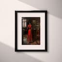 Matted frame view of A vintage oil painting, a woman standing in her home, red dress, back view