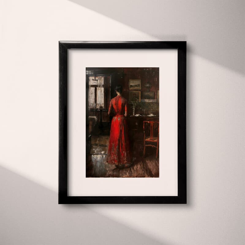 Matted frame view of A vintage oil painting, a woman standing in her home, red dress, back view