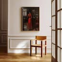 Room view with a full frame of A vintage oil painting, a woman standing in her home, red dress, back view