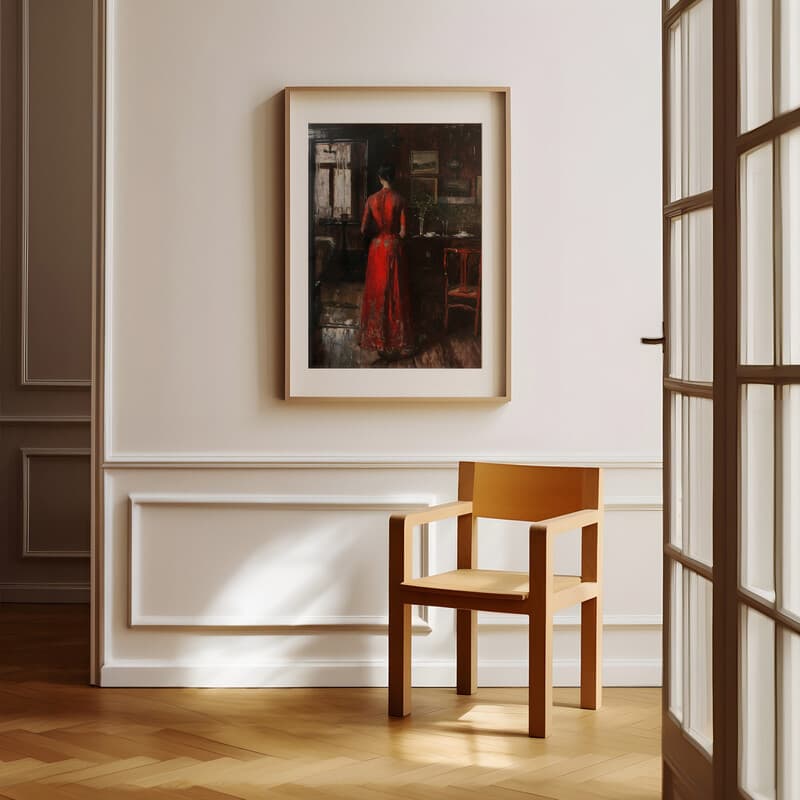 Room view with a matted frame of A vintage oil painting, a woman standing in her home, red dress, back view