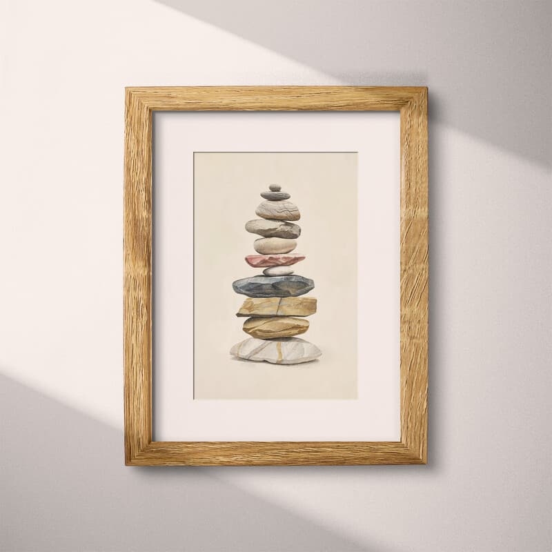 Matted frame view of A wabi sabi pastel pencil illustration, a stack of stones