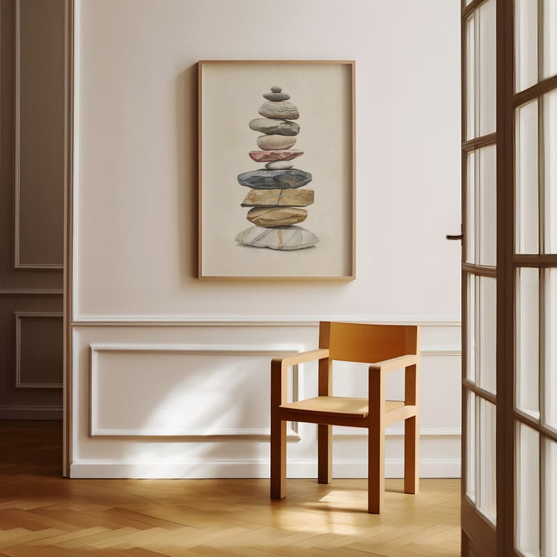 Room view with a full frame of A wabi sabi pastel pencil illustration, a stack of stones