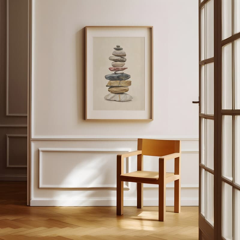 Room view with a matted frame of A wabi sabi pastel pencil illustration, a stack of stones