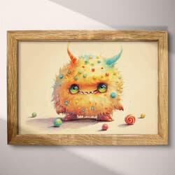 Candy Monster Art | Fantasy Wall Art | Beige, Orange, Brown, Blue and Black Print | Chibi Decor | Kids Wall Decor | Back To School Digital Download | Halloween Art | Summer Wall Art | Pastel Pencil Illustration