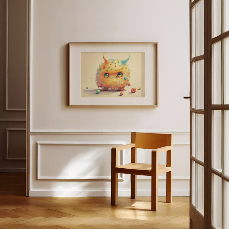 Room view with a matted frame of A cute chibi anime pastel pencil illustration, a monster made of candy