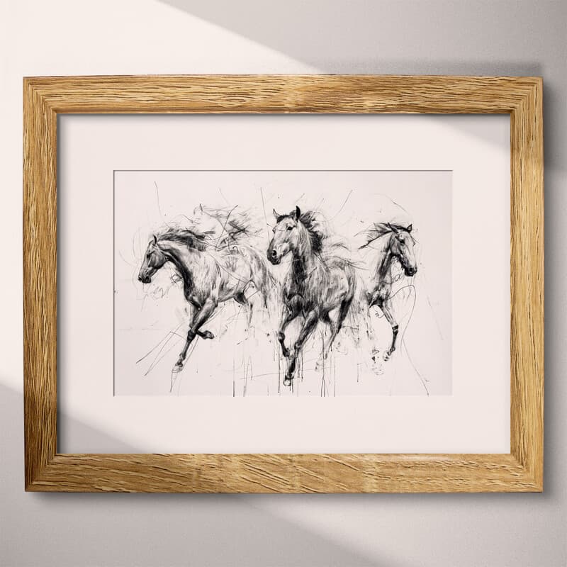 Matted frame view of A farmhouse graphite sketch, horses