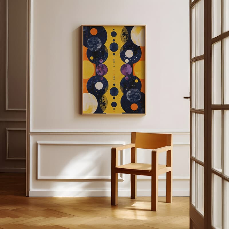 Room view with a full frame of A retro textile print, symmetric pattern of planets