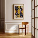 Room view with a matted frame of A retro textile print, symmetric pattern of planets