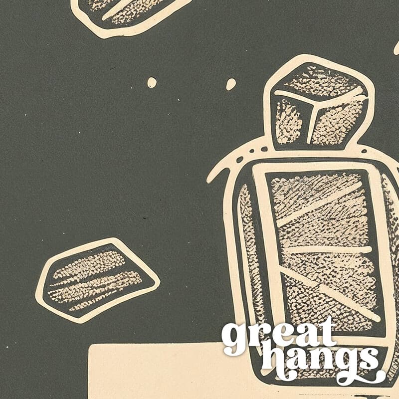 Closeup view of A vintage linocut print, the words "BREAK THINGS" with a hammer