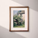 Matted frame view of An impressionist oil painting, rose bushes outside of a country cottage