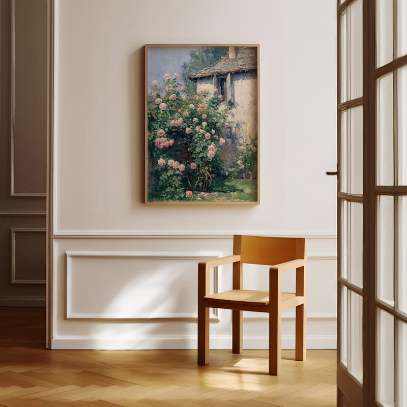 Room view with a full frame of An impressionist oil painting, rose bushes outside of a country cottage