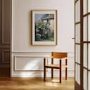 Room view with a matted frame of An impressionist oil painting, rose bushes outside of a country cottage