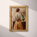 Full frame view of A vintage oil painting, a woman next to a dresser with a vase of flowers, back view