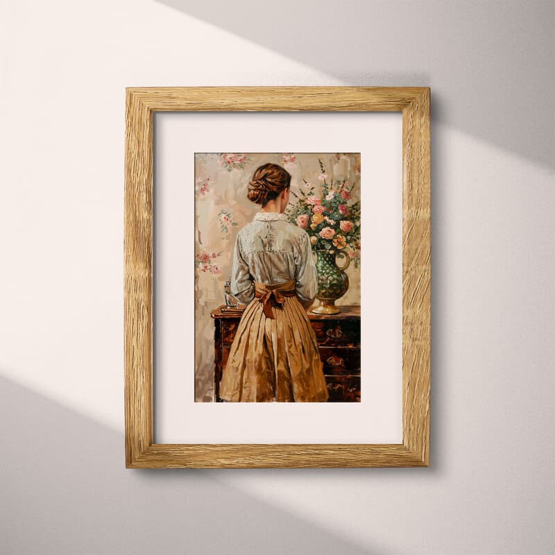 Matted frame view of A vintage oil painting, a woman next to a dresser with a vase of flowers, back view