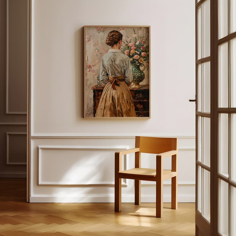 Room view with a full frame of A vintage oil painting, a woman next to a dresser with a vase of flowers, back view