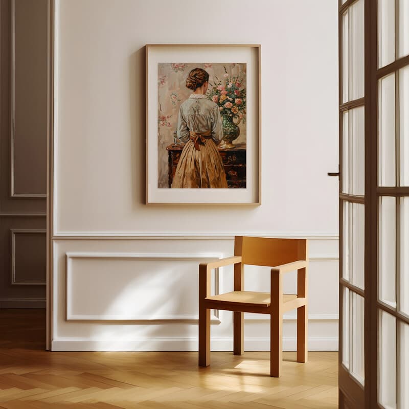 Room view with a matted frame of A vintage oil painting, a woman next to a dresser with a vase of flowers, back view