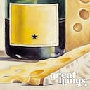 Closeup view of An art deco pastel pencil illustration, a bottle of champagne and cheese