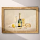 Full frame view of An art deco pastel pencil illustration, a bottle of champagne and cheese