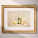 Matted frame view of An art deco pastel pencil illustration, a bottle of champagne and cheese