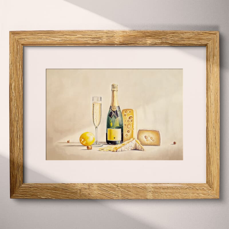 Matted frame view of An art deco pastel pencil illustration, a bottle of champagne and cheese