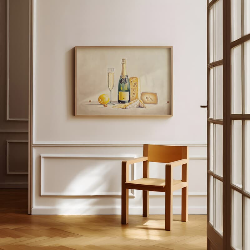 Room view with a full frame of An art deco pastel pencil illustration, a bottle of champagne and cheese