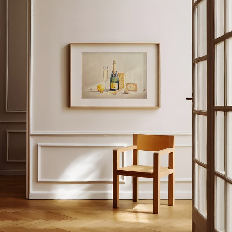 Room view with a matted frame of An art deco pastel pencil illustration, a bottle of champagne and cheese