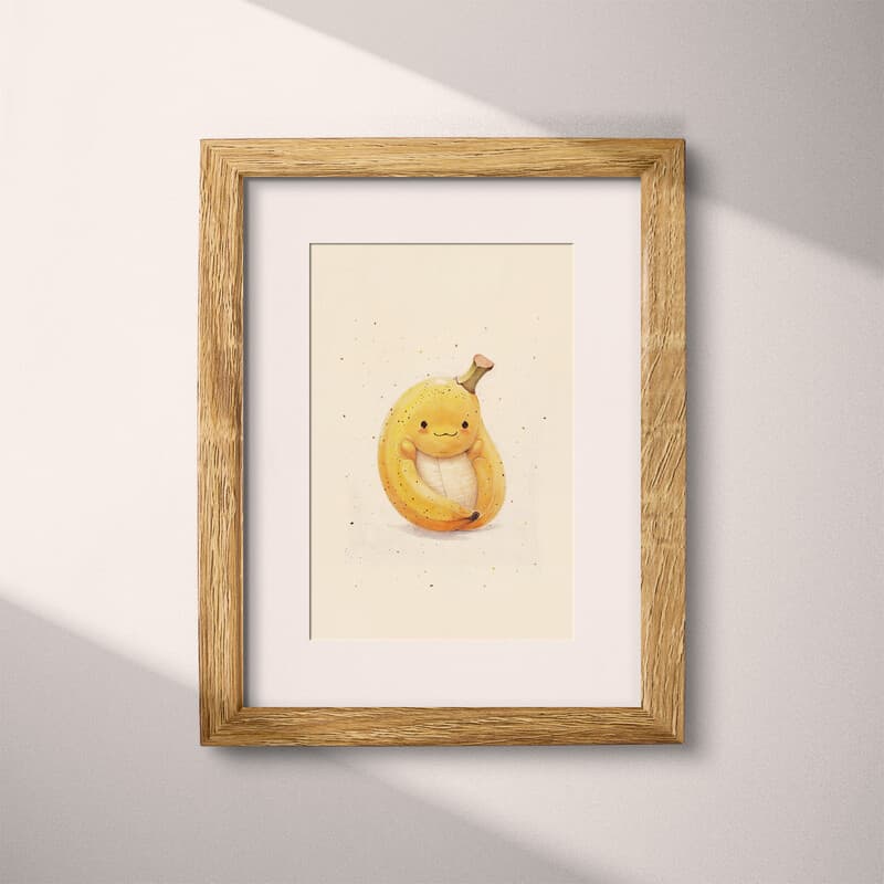 Matted frame view of A cute chibi anime pastel pencil illustration, a banana