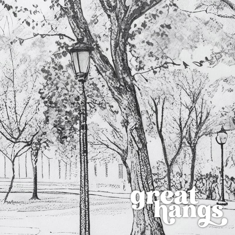 Closeup view of A vintage pencil sketch, a park with benches and lampposts