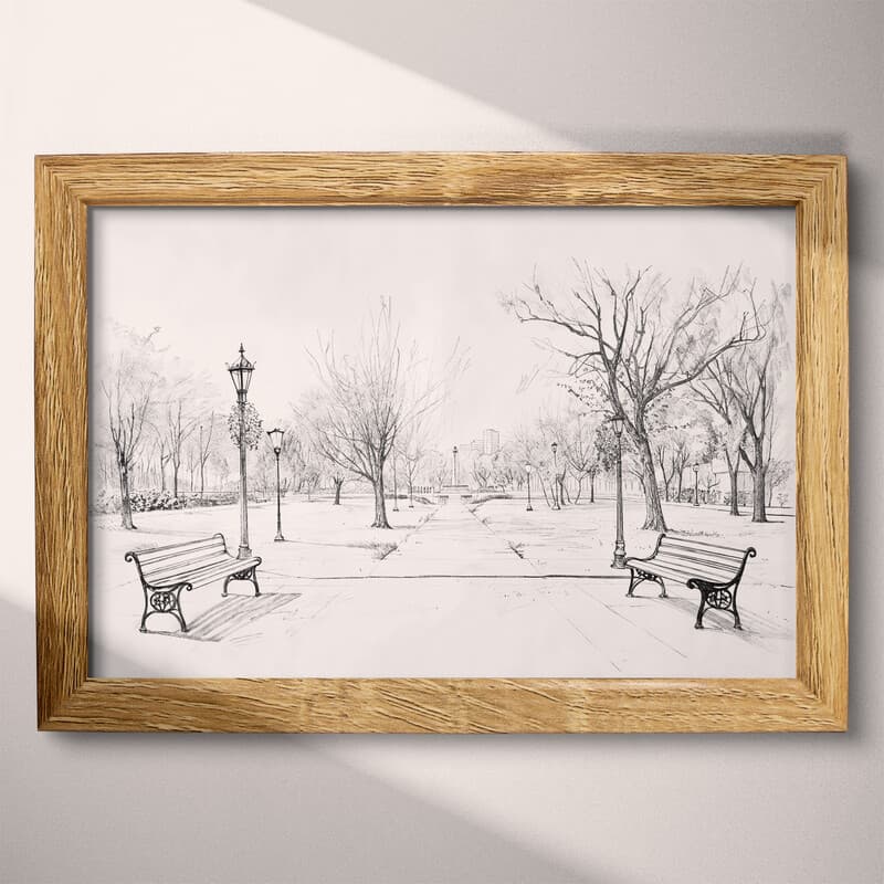 Full frame view of A vintage pencil sketch, a park with benches and lampposts