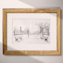 Matted frame view of A vintage pencil sketch, a park with benches and lampposts