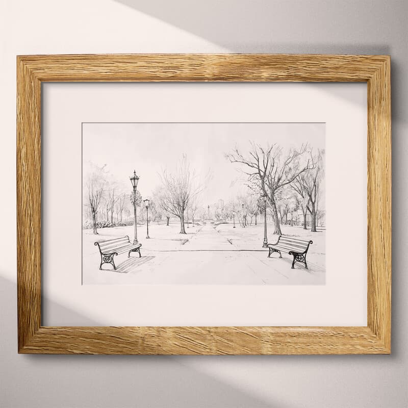 Matted frame view of A vintage pencil sketch, a park with benches and lampposts