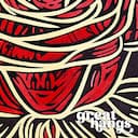 Closeup view of A vintage linocut print, the words "KINDNESS" with a rose