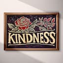 Full frame view of A vintage linocut print, the words "KINDNESS" with a rose