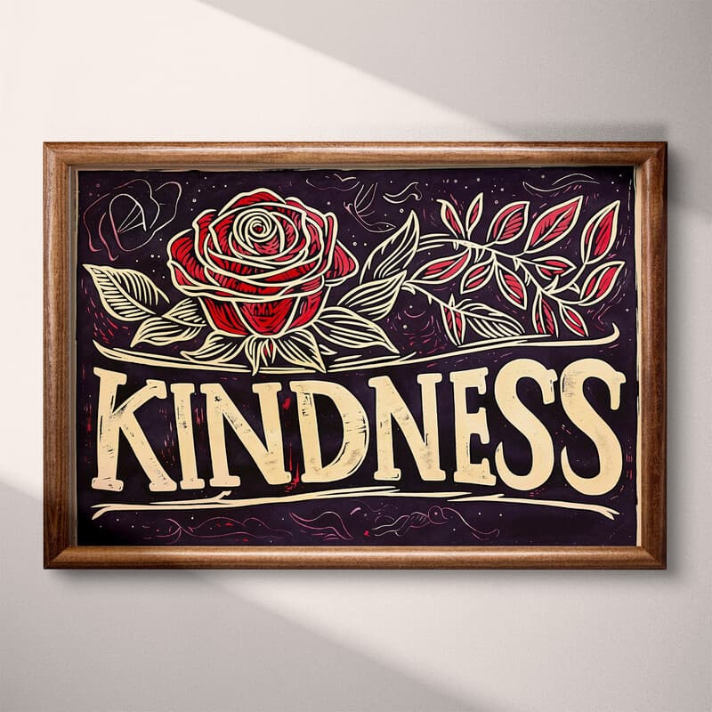 Full frame view of A vintage linocut print, the words "KINDNESS" with a rose