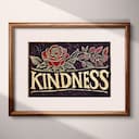 Matted frame view of A vintage linocut print, the words "KINDNESS" with a rose