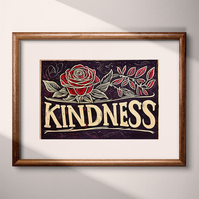 Matted frame view of A vintage linocut print, the words "KINDNESS" with a rose