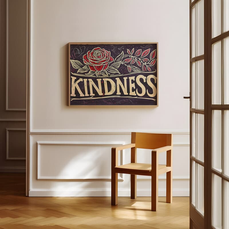 Room view with a full frame of A vintage linocut print, the words "KINDNESS" with a rose