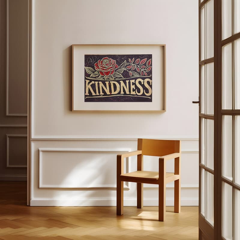 Room view with a matted frame of A vintage linocut print, the words "KINDNESS" with a rose