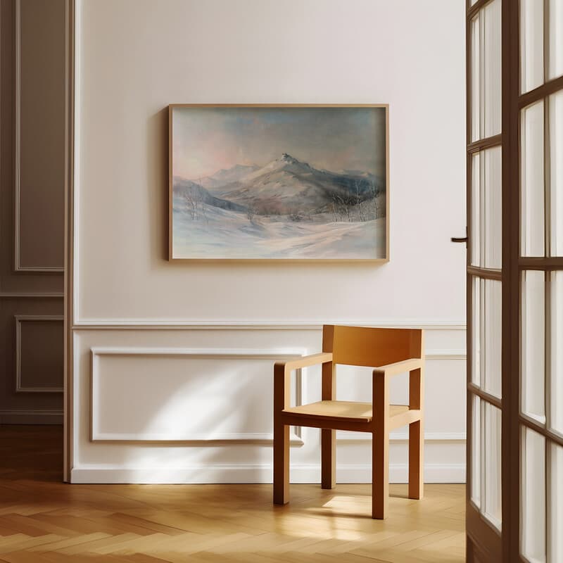 Room view with a full frame of A vintage oil painting, a snowy mountain at sunrise