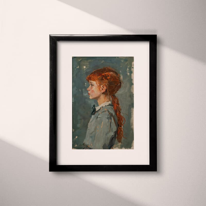 Matted frame view of A vintage oil painting, school girl with red hair, side view