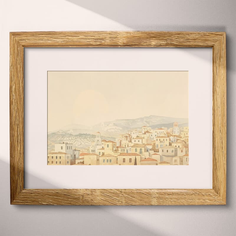 Matted frame view of A vintage pastel pencil illustration, greek city architecture