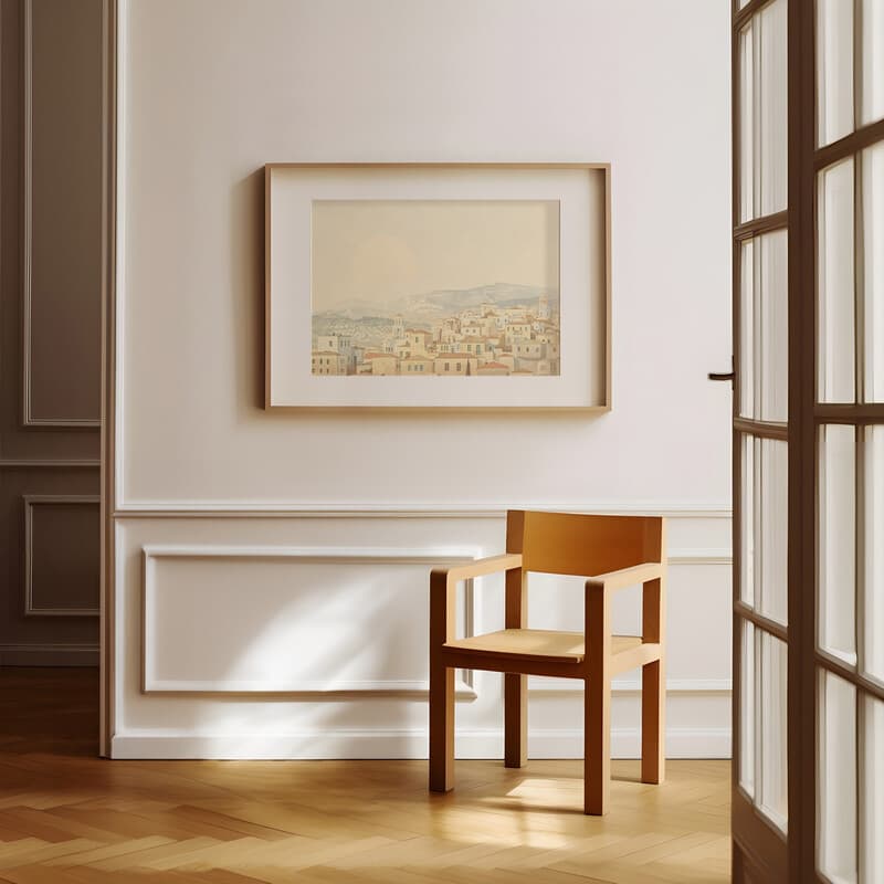 Room view with a matted frame of A vintage pastel pencil illustration, greek city architecture