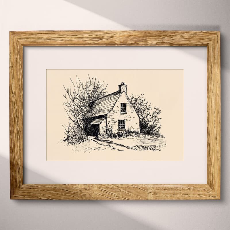 Matted frame view of A vintage ink sketch, a cottage