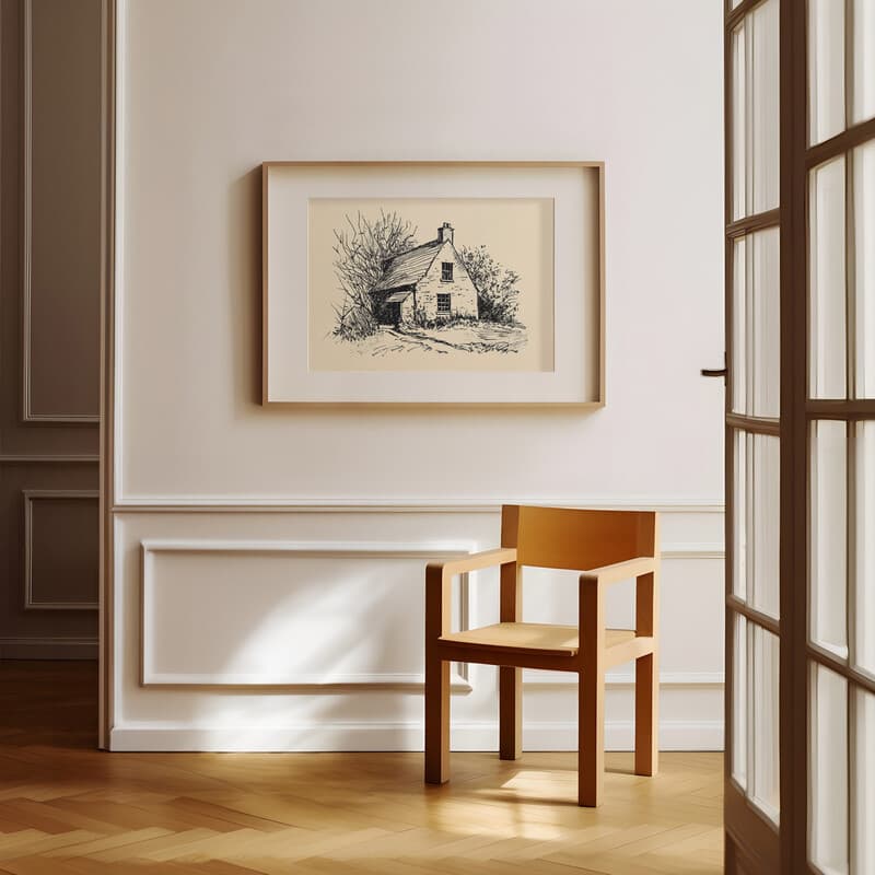 Room view with a matted frame of A vintage ink sketch, a cottage