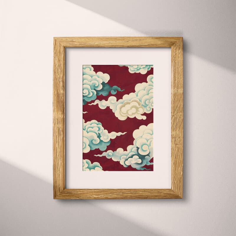 Matted frame view of A japandi textile print, clouds pattern