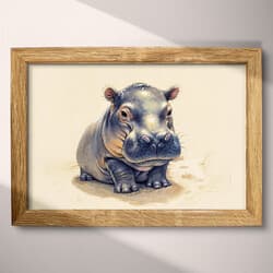 Hippo Art | Wildlife Wall Art | Animals Print | Beige, Purple, Gray and Brown Decor | Chibi Wall Decor | Kids Digital Download | Baby Shower Art | Spring Wall Art | Colored Pencil Illustration
