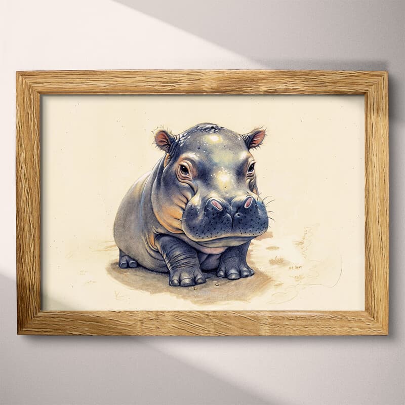 Full frame view of A cute chibi anime colored pencil illustration, a hippo