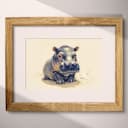 Matted frame view of A cute chibi anime colored pencil illustration, a hippo