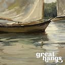 Closeup view of An impressionist oil painting, a sailboat on a lake, distant view, puffy clouds, gray sky